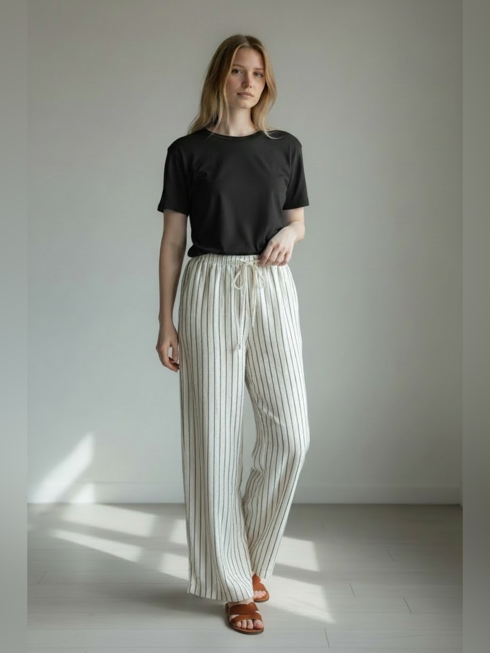 UNIQLO Cream Wide-Leg Linen Cotton Pants with Black Pinstripes